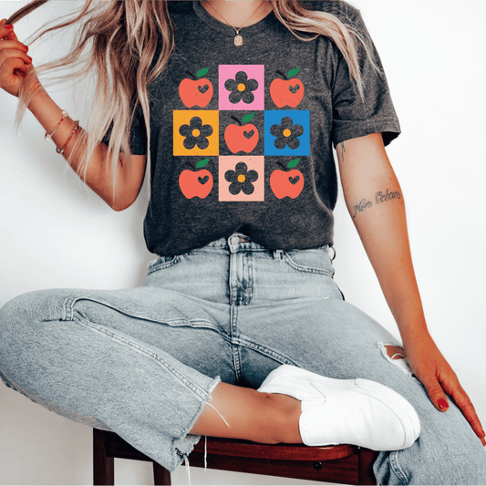 T-Shirt Apple Flower Textured Checkerboard Cute Teacher T-Shirt