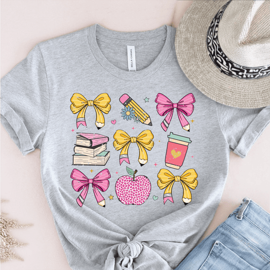 T-Shirt Grey / S Teacher Coquette Pencil Bow Retro T-Shirt