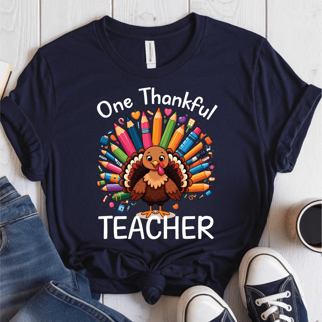 T-Shirt Navy / S One Thankful Teacher Pencil Turkey T-Shirt