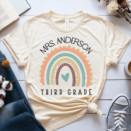 T-Shirt Soft Cream / XS Personalized Name and Grade Pastel Rainbow T-Shirt
