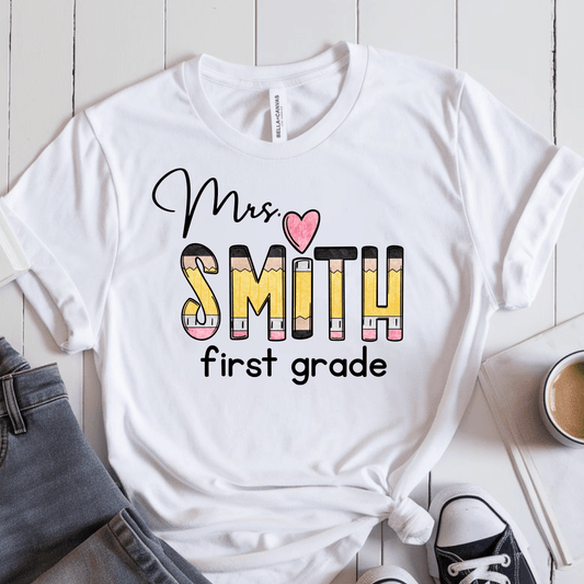 T-Shirt White / S Personalized Name And Grade Pencil Heart T-Shirt