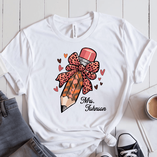 T-Shirt White / S Personalized Name Pencil Pattern Bow Hearts T-Shirt