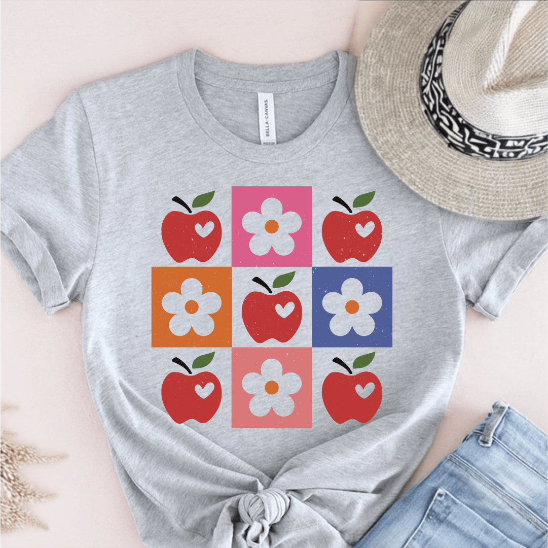T-Shirt Athletic Heather / S Apple Flower Textured Checkerboard Cute Teacher T-Shirt