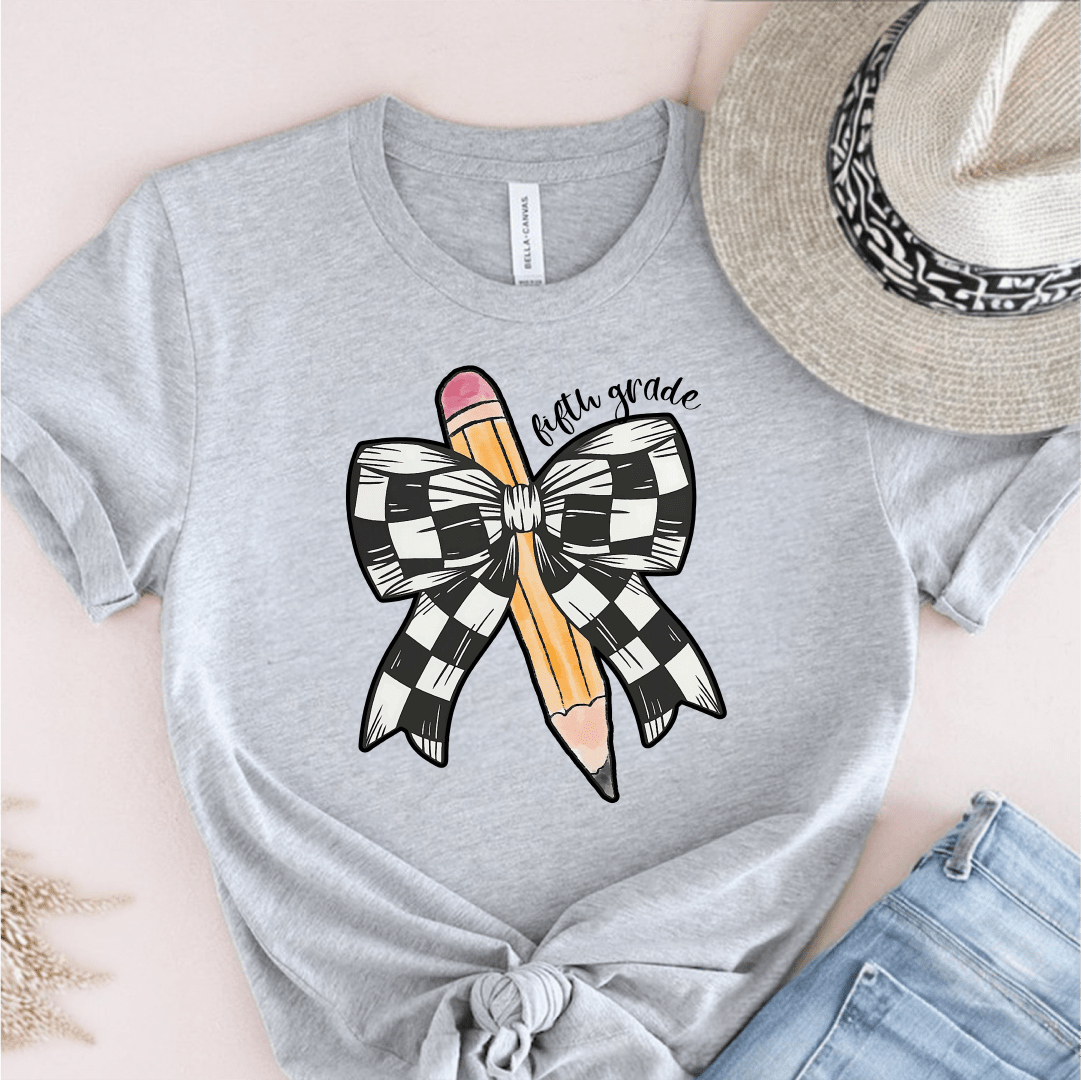 T-Shirt Athletic Heather / S Personalized Grade Pencil Checkered Bow T-Shirt