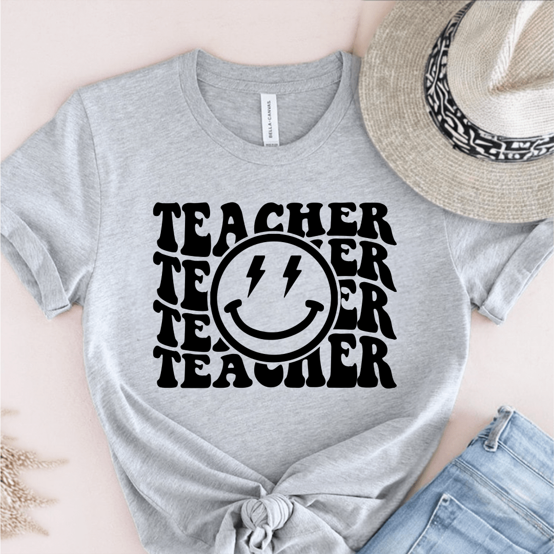T-Shirt Athletic Heather / S Teacher Wavy Groovy Text Lightning Smile T-Shirt