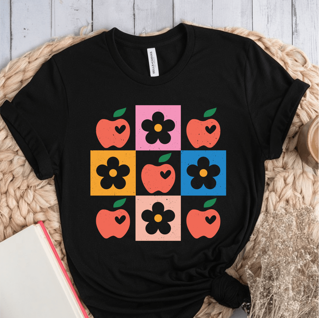T-Shirt Black / S Apple Flower Textured Checkerboard Cute Teacher T-Shirt