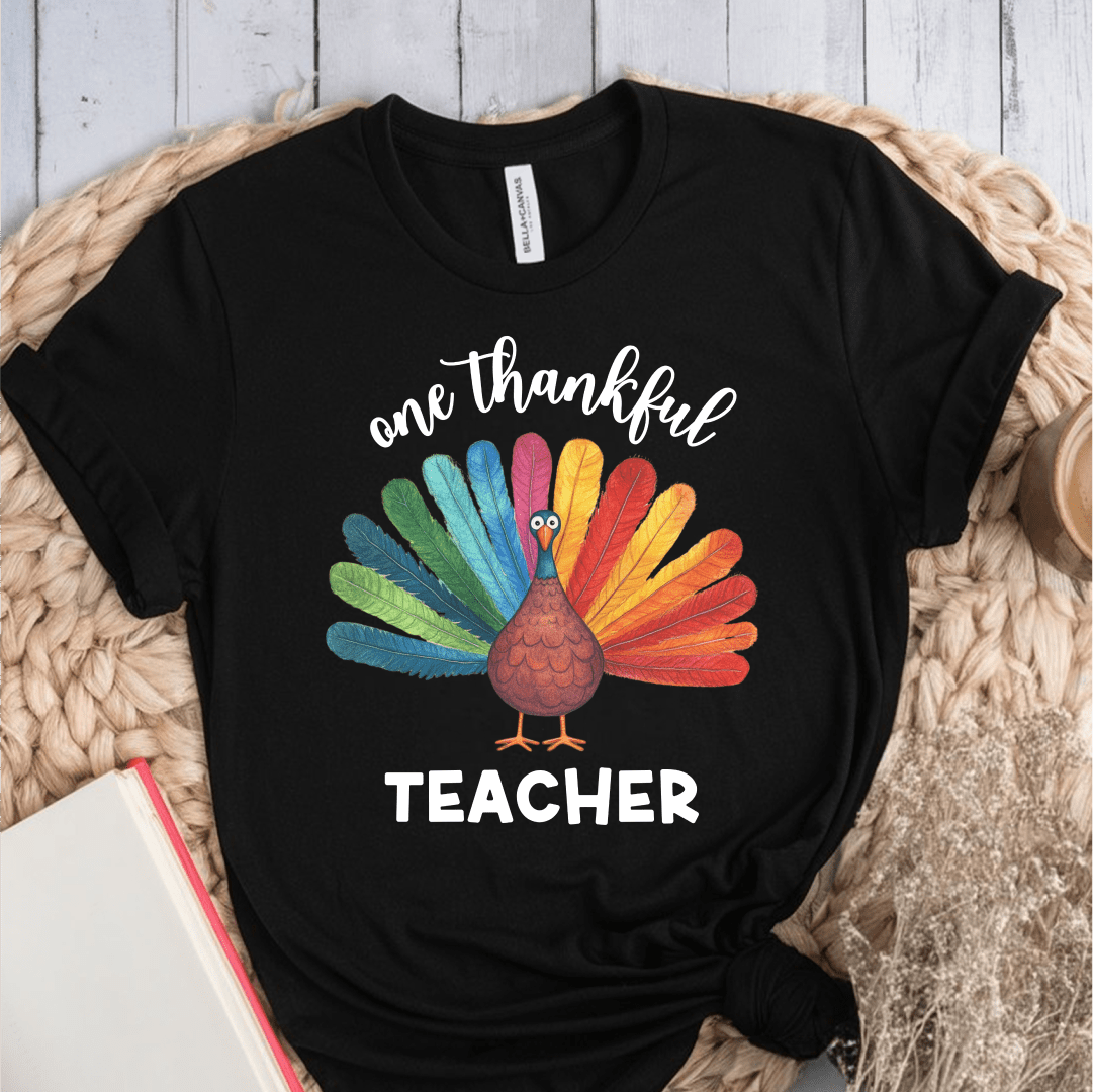 T-Shirt Black / S One Thankful Teacher Colorful Turkey T-Shirt