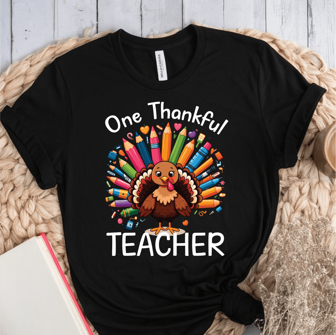 T-Shirt Black / S One Thankful Teacher Pencil Turkey T-Shirt