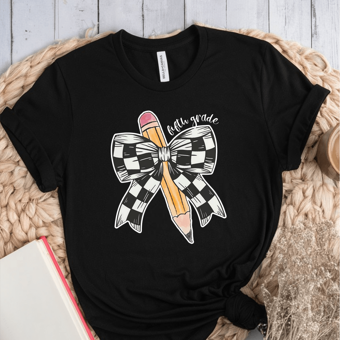 T-Shirt Black / S Personalized Grade Pencil Checkered Bow T-Shirt