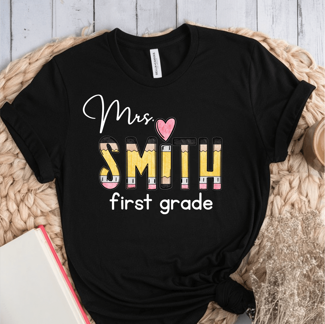 T-Shirt Black / S Personalized Name And Grade Pencil Heart T-Shirt