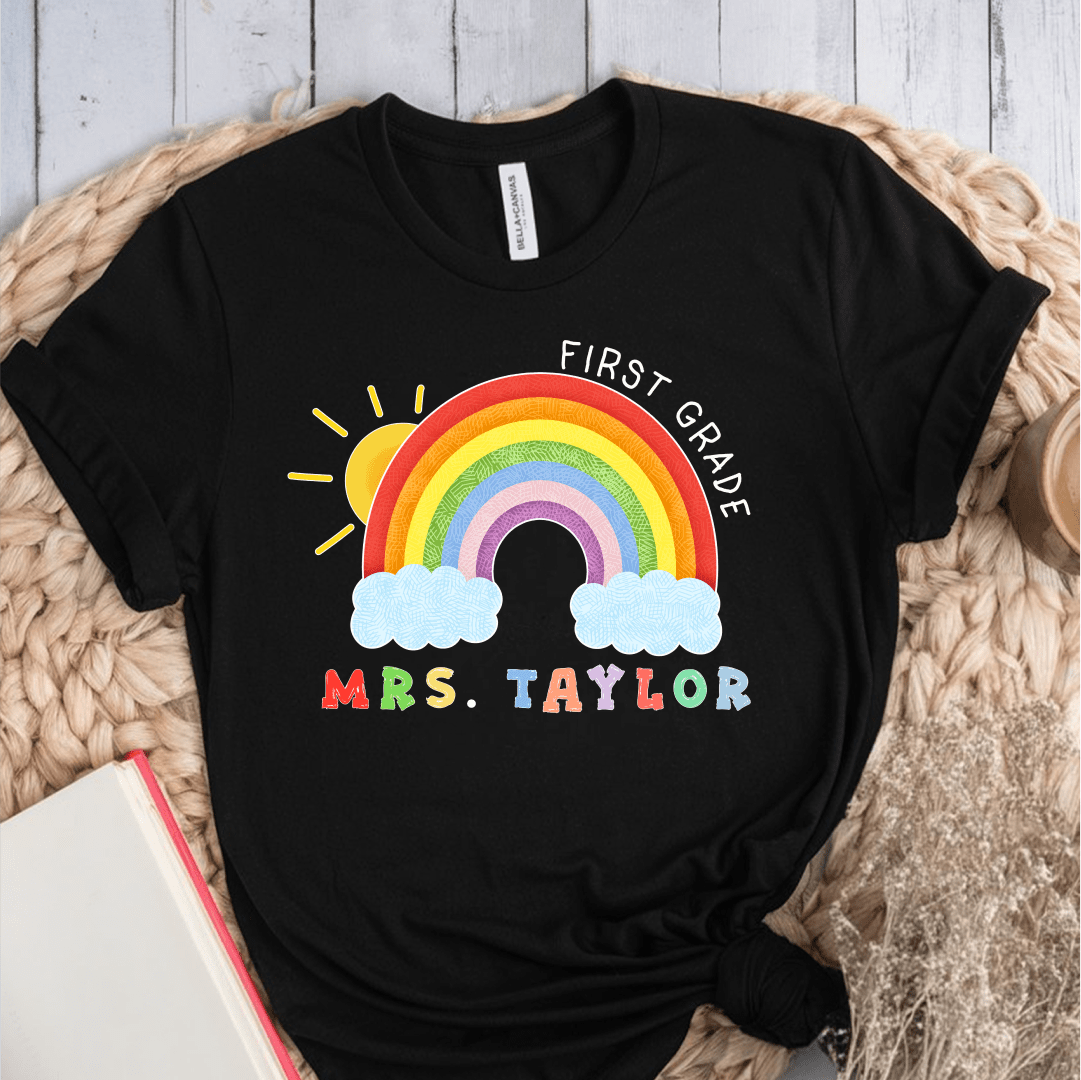 T-Shirt Black / S Personalized Name Grade Rainbow Sun Colorful T-Shirt