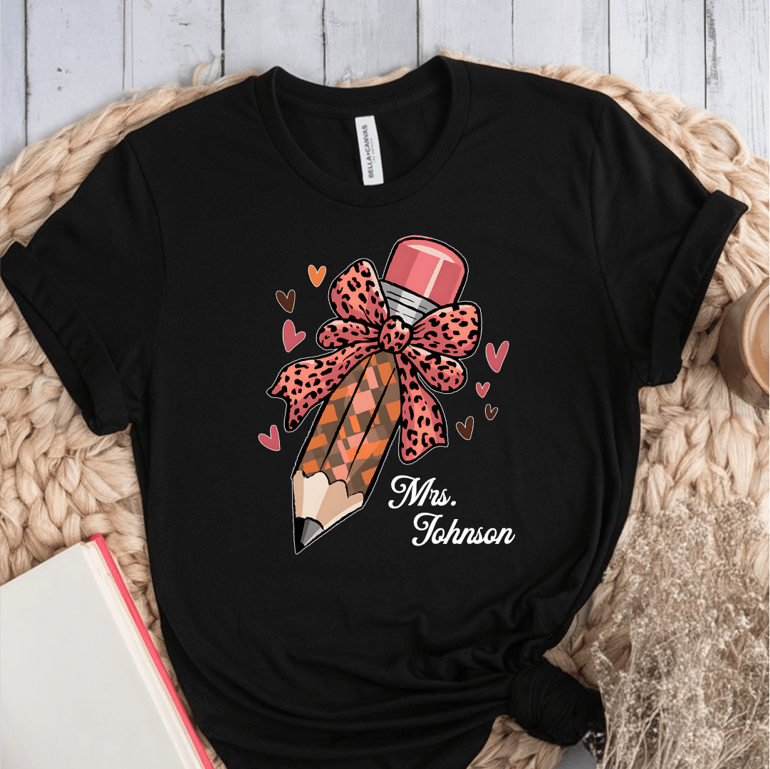 T-Shirt Black / S Personalized Name Pencil Pattern Bow Hearts T-Shirt