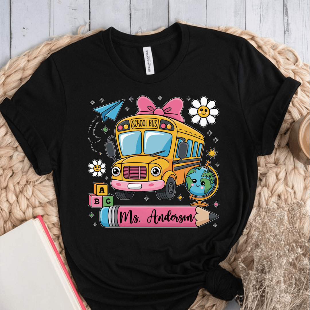 T-Shirt Black / S Personalized Name School Bus Cute Icon Pencil T-Shirt