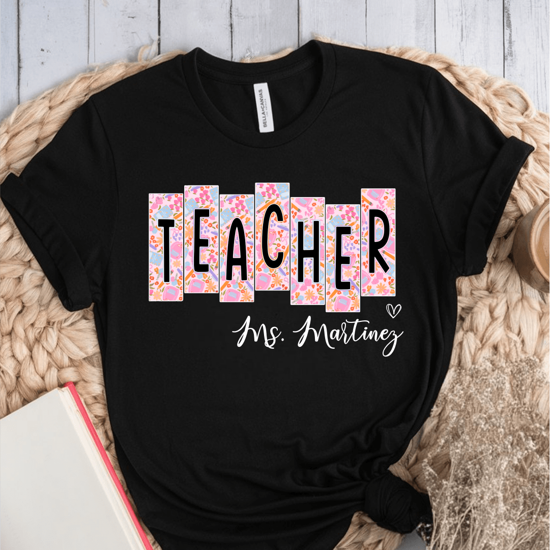 T-Shirt Black / S Personalized Teacher Name Floral Block Design T-Shirt
