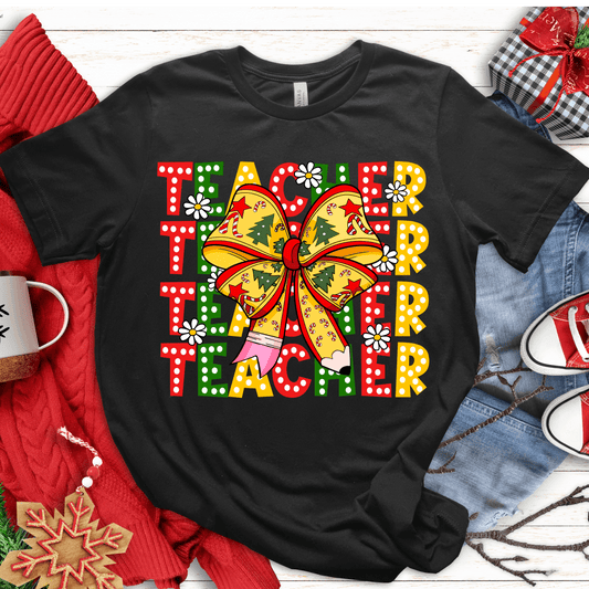 T-Shirt Black / S Teacher Bow Christmas Red Green Yellow T-Shirt