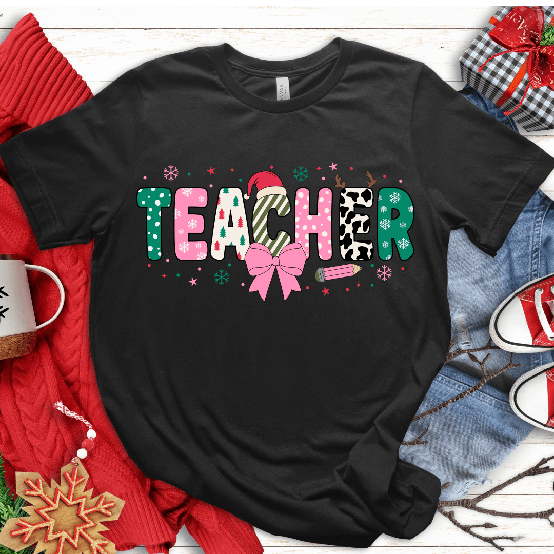 T-Shirt Black / S Teacher Christmas Pink Bow Pattern T-Shirt