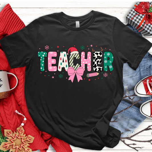 T-Shirt Black / S Teacher Christmas Pink Bow Pattern T-Shirt