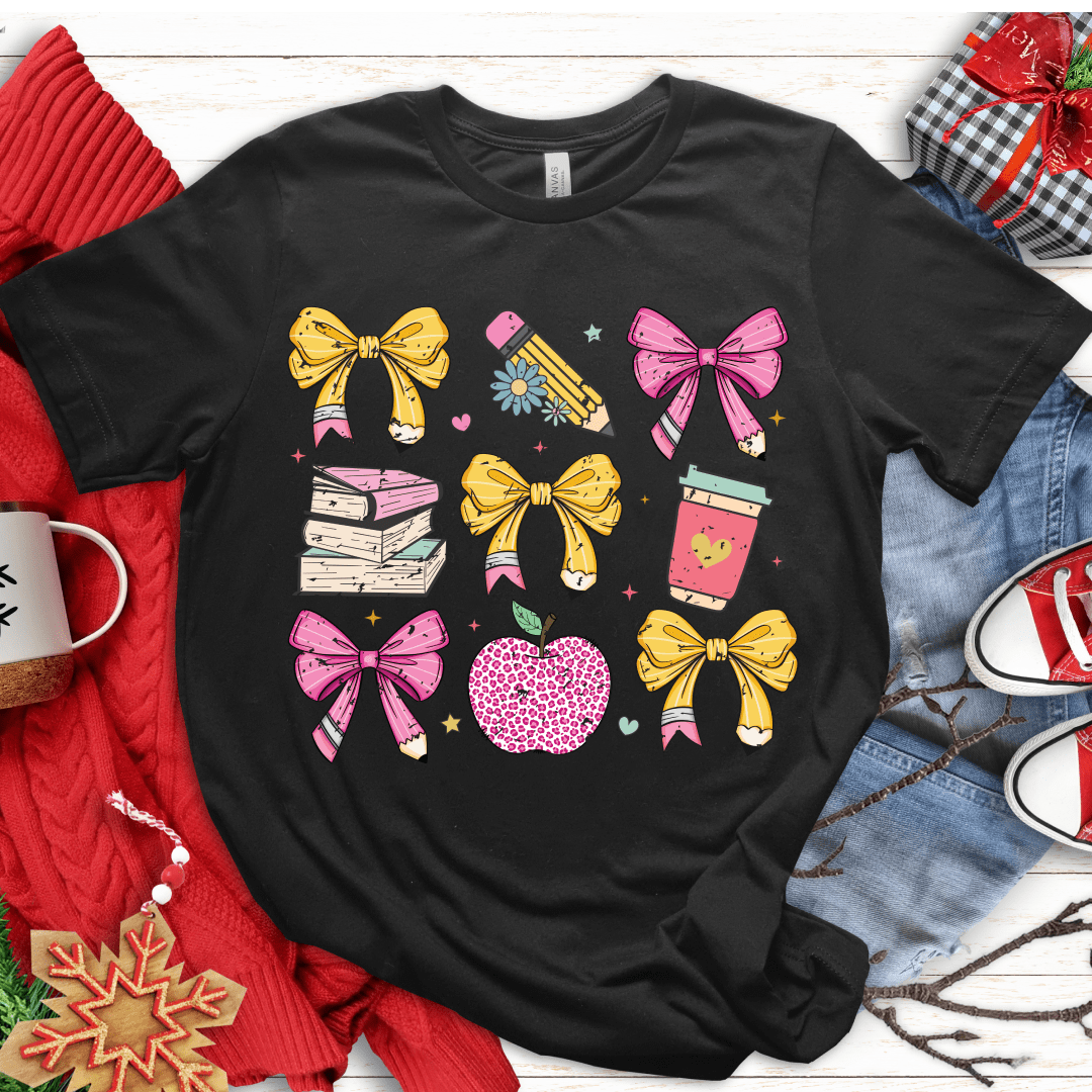 T-Shirt Black / S Teacher Coquette Pencil Bow Retro T-Shirt