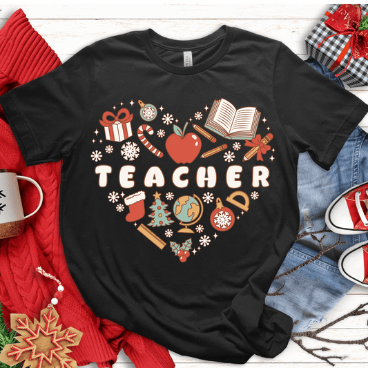 T-Shirt Black / S Teacher Retro Christmas Heart T-Shirt