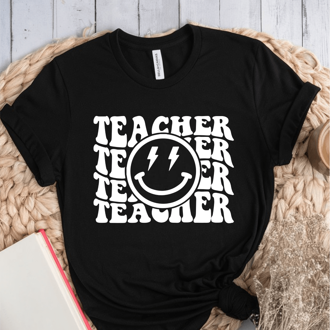 T-Shirt Black / S Teacher Wavy Groovy Text Lightning Smile T-Shirt