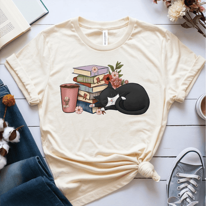 T-Shirt Cream / S Cat Books Coffee T-Shirt