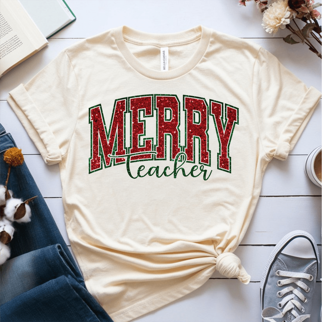 T-Shirt Cream / S Merry Teacher Glitter T-Shirt