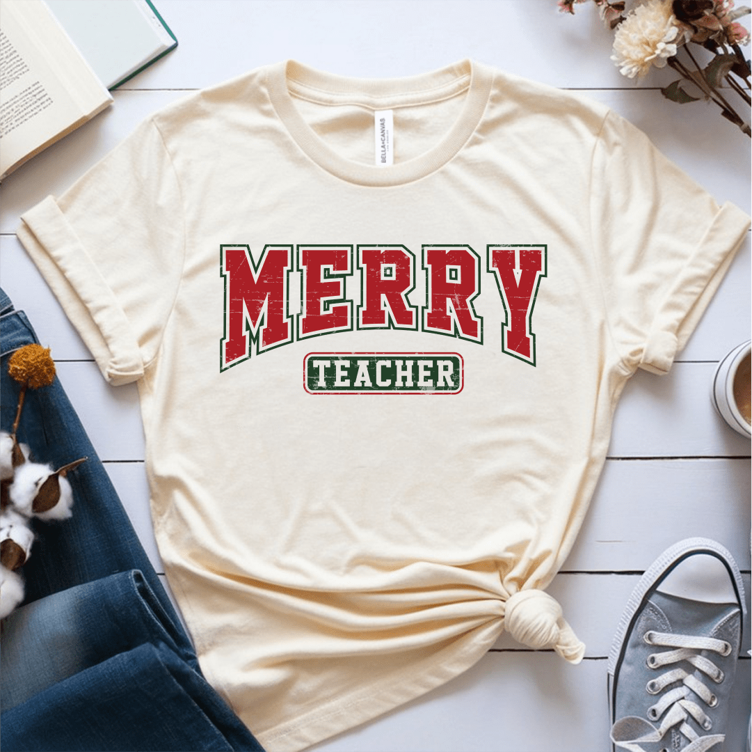 T-Shirt Cream / S Merry Teacher Retro Vintage T-Shirt