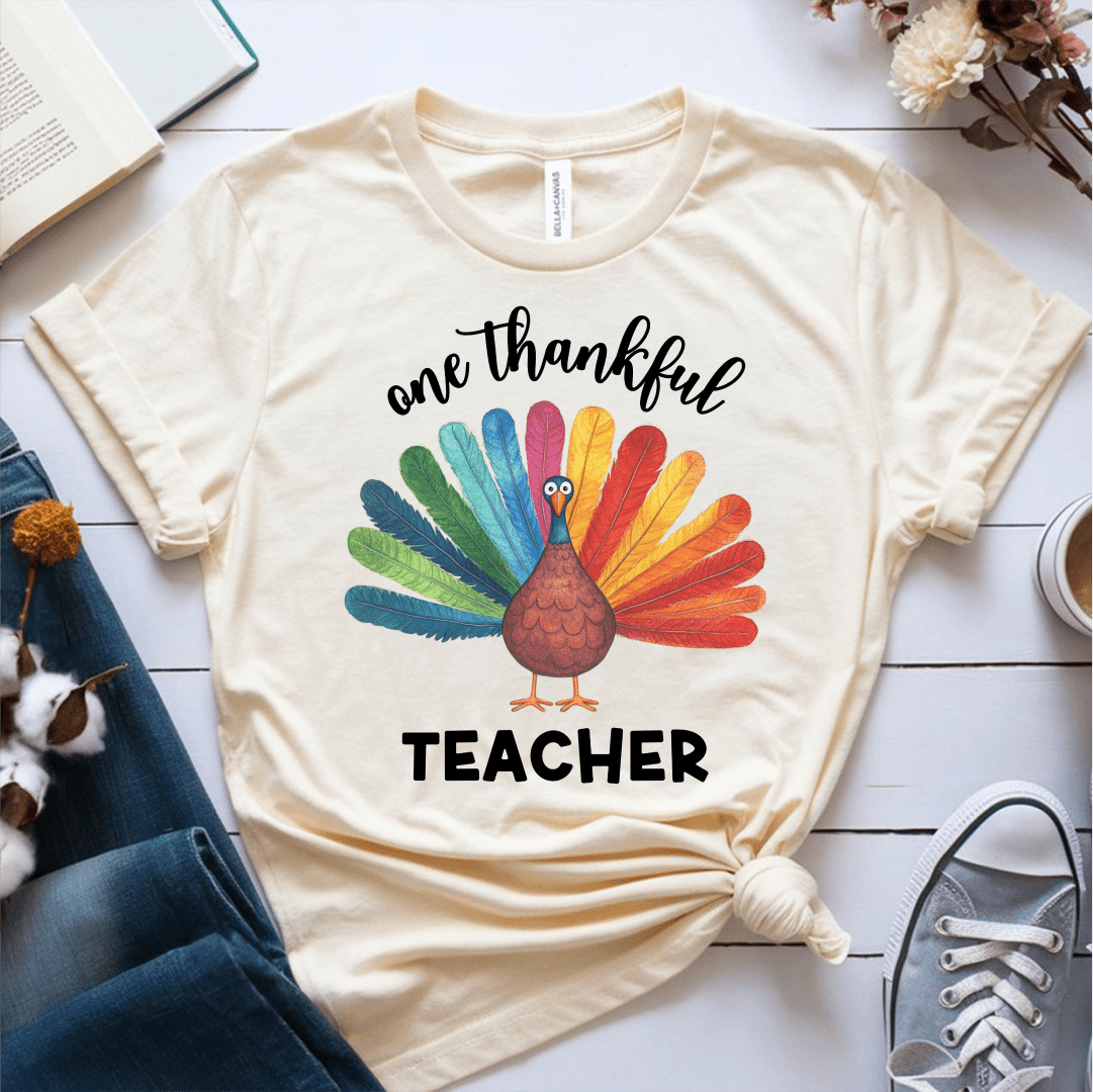 T-Shirt Cream / S One Thankful Teacher Colorful Turkey T-Shirt