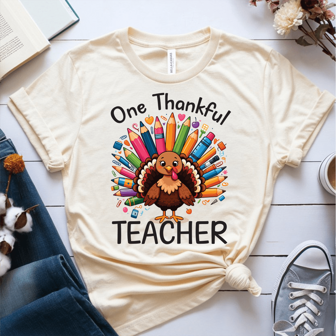T-Shirt Cream / S One Thankful Teacher Pencil Turkey T-Shirt