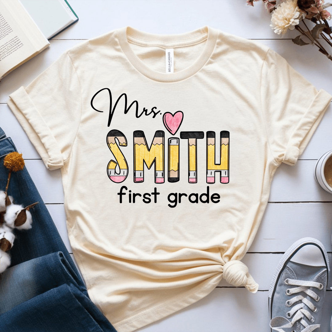 T-Shirt Cream / S Personalized Name And Grade Pencil Heart T-Shirt