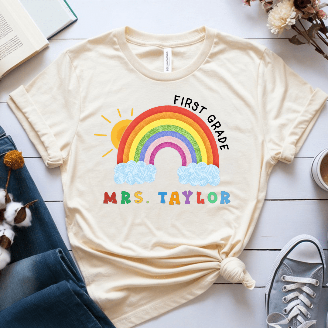 T-Shirt Cream / S Personalized Name Grade Rainbow Sun Colorful T-Shirt