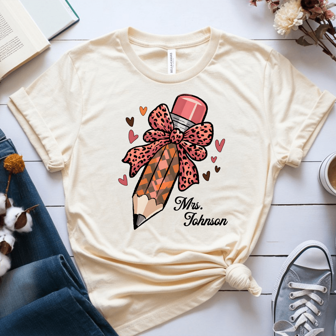 T-Shirt Cream / S Personalized Name Pencil Pattern Bow Hearts T-Shirt