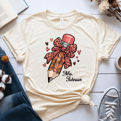 T-Shirt Cream / S Personalized Name Pencil Pattern Bow Hearts T-Shirt
