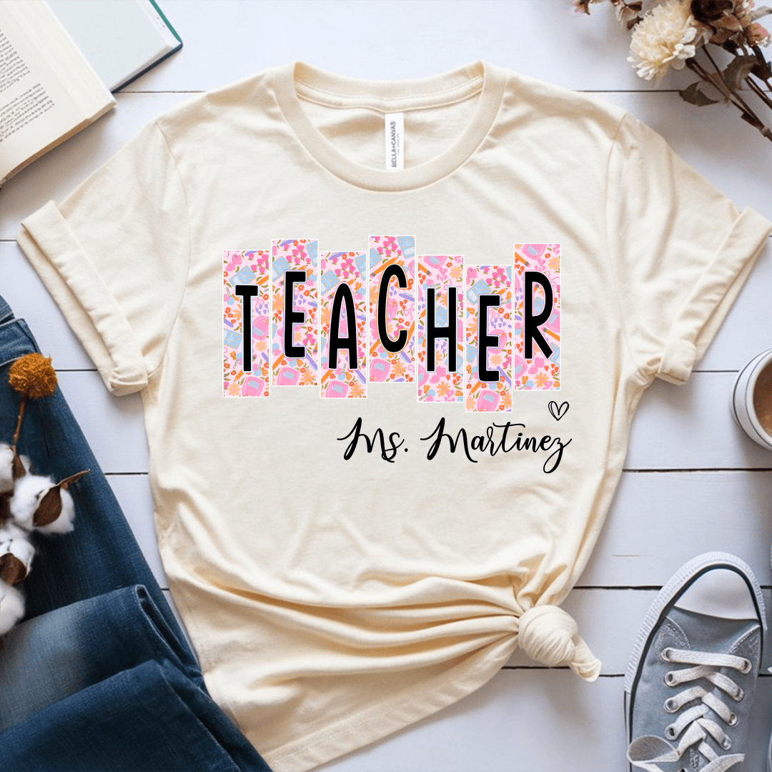 T-Shirt Cream / S Personalized Teacher Name Floral Block Design T-Shirt