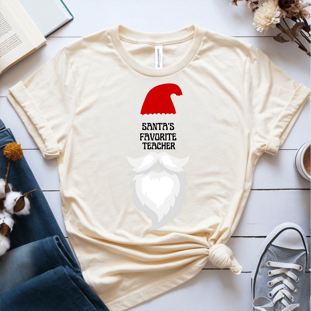 T-Shirt Cream / S Santa's Favorite Teacher (hat beard) T-Shirt