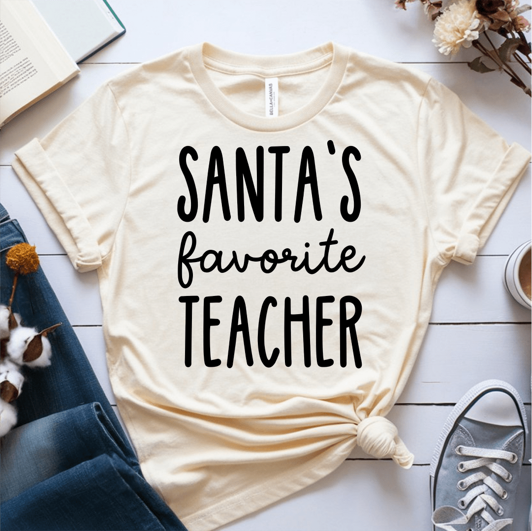 T-Shirt Cream / S Santas Favorite Teacher (text) T-Shirt
