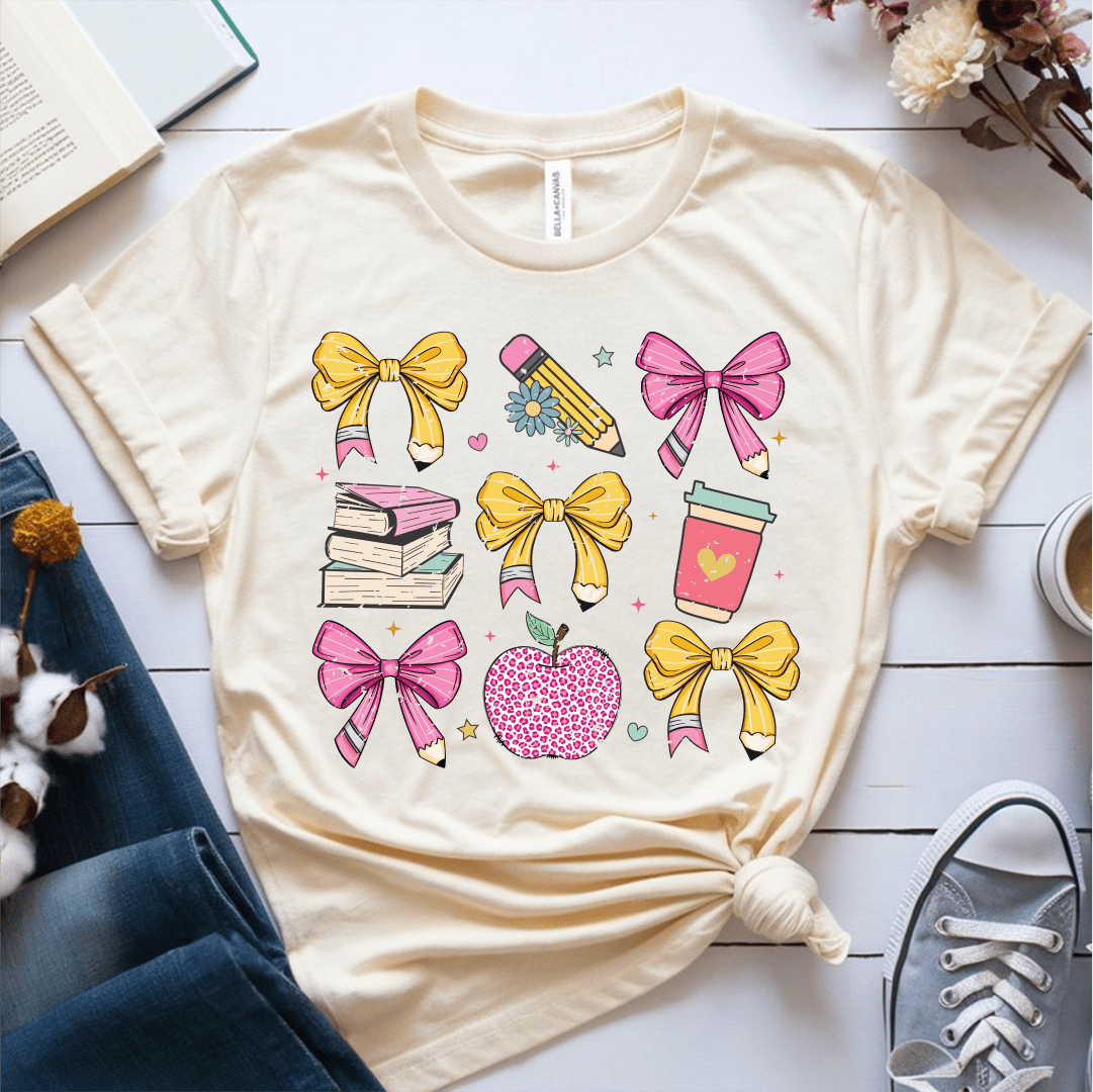 T-Shirt Cream / S Teacher Coquette Pencil Bow Retro T-Shirt