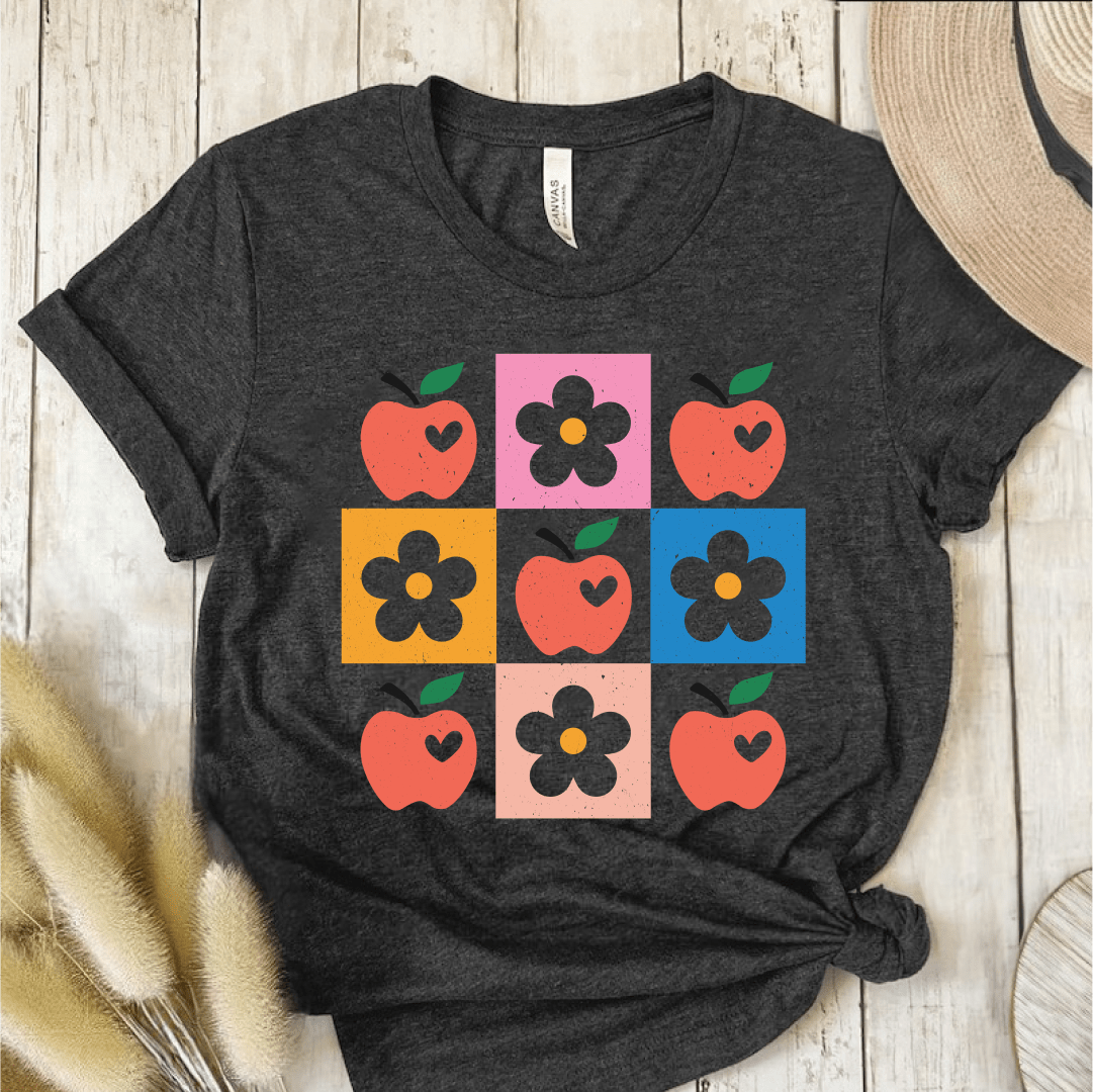 T-Shirt Dark Grey Heather / S Apple Flower Textured Checkerboard Cute Teacher T-Shirt
