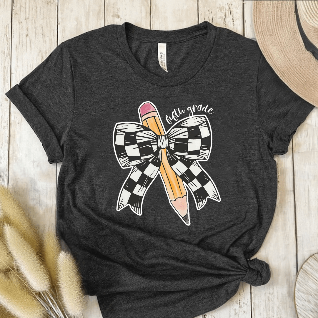 T-Shirt Dark Grey Heather / S Personalized Grade Pencil Checkered Bow T-Shirt