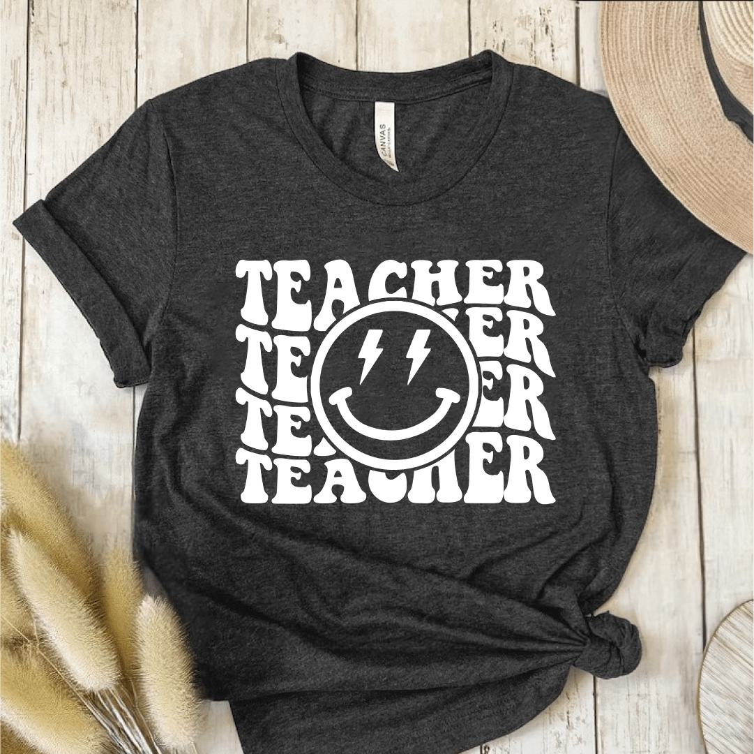 T-Shirt Dark Grey Heather / S Teacher Wavy Groovy Text Lightning Smile T-Shirt