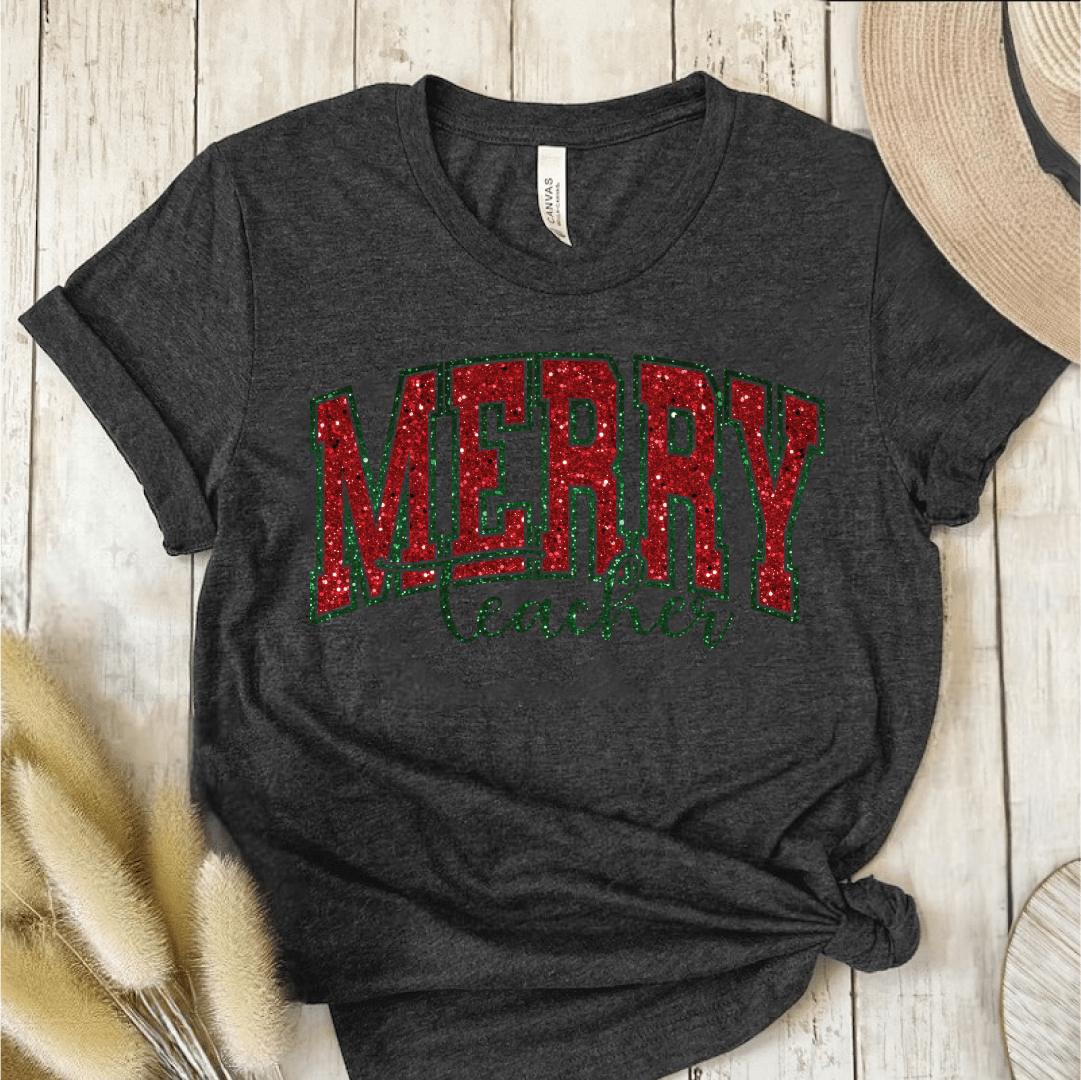 T-Shirt Dark Grey / S Merry Teacher Glitter T-Shirt