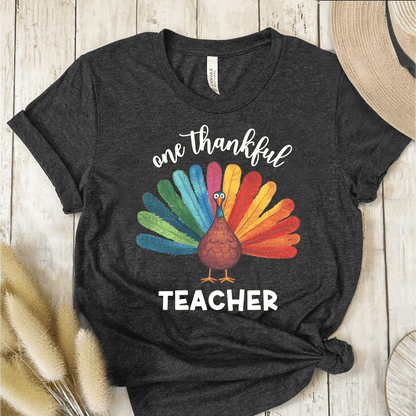 T-Shirt Dark Grey / S One Thankful Teacher Colorful Turkey T-Shirt