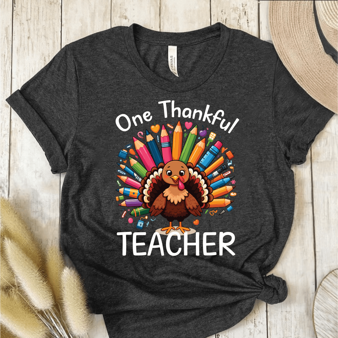 T-Shirt Dark Grey / S One Thankful Teacher Pencil Turkey T-Shirt