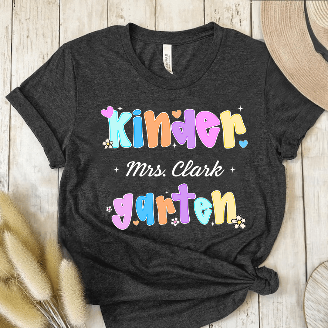 T-Shirt Dark Grey / S Personalized Name And Grade Pastel Flower Heart Cute T-Shirt