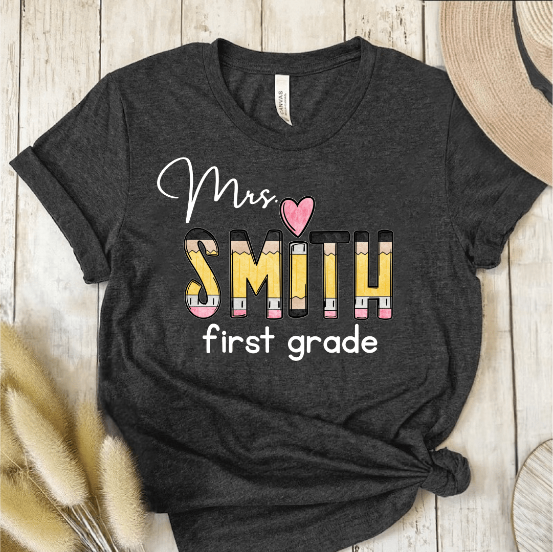 T-Shirt Dark Grey / S Personalized Name And Grade Pencil Heart T-Shirt