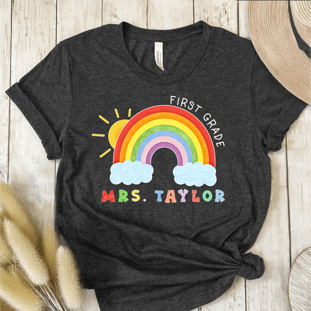 T-Shirt Dark Grey / S Personalized Name Grade Rainbow Sun Colorful T-Shirt
