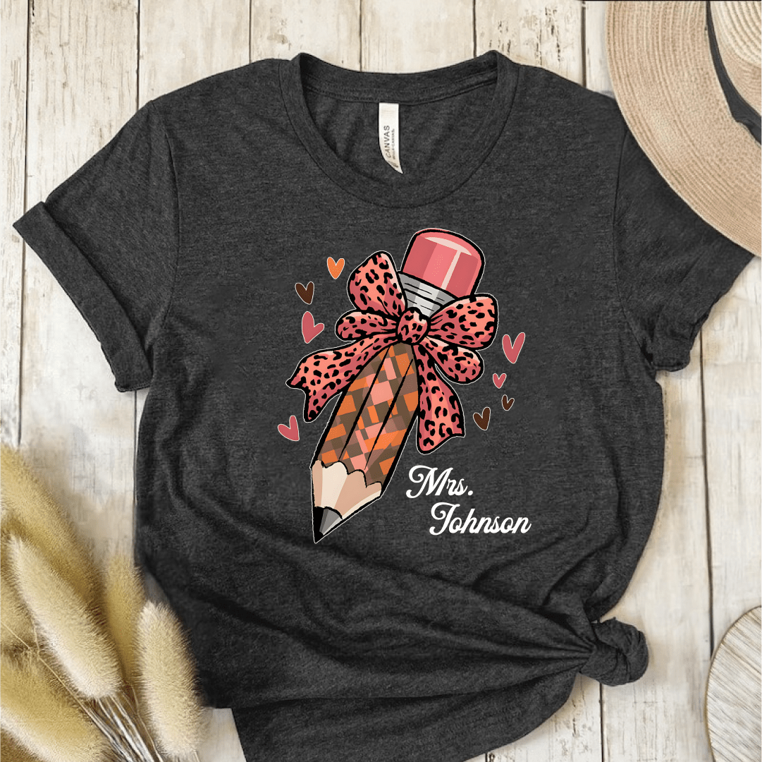 T-Shirt Dark Grey / S Personalized Name Pencil Pattern Bow Hearts T-Shirt
