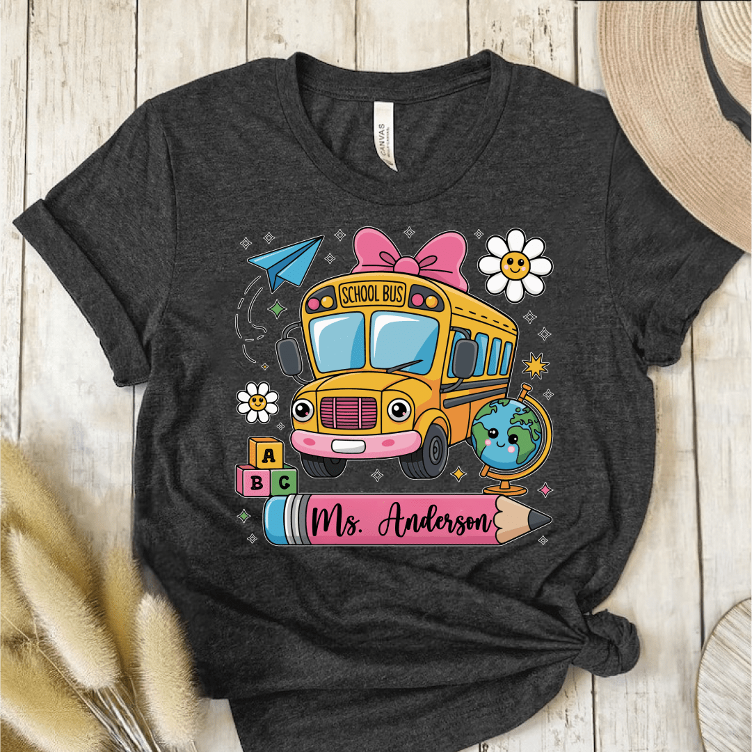 T-Shirt Dark Grey / S Personalized Name School Bus Cute Icon Pencil T-Shirt