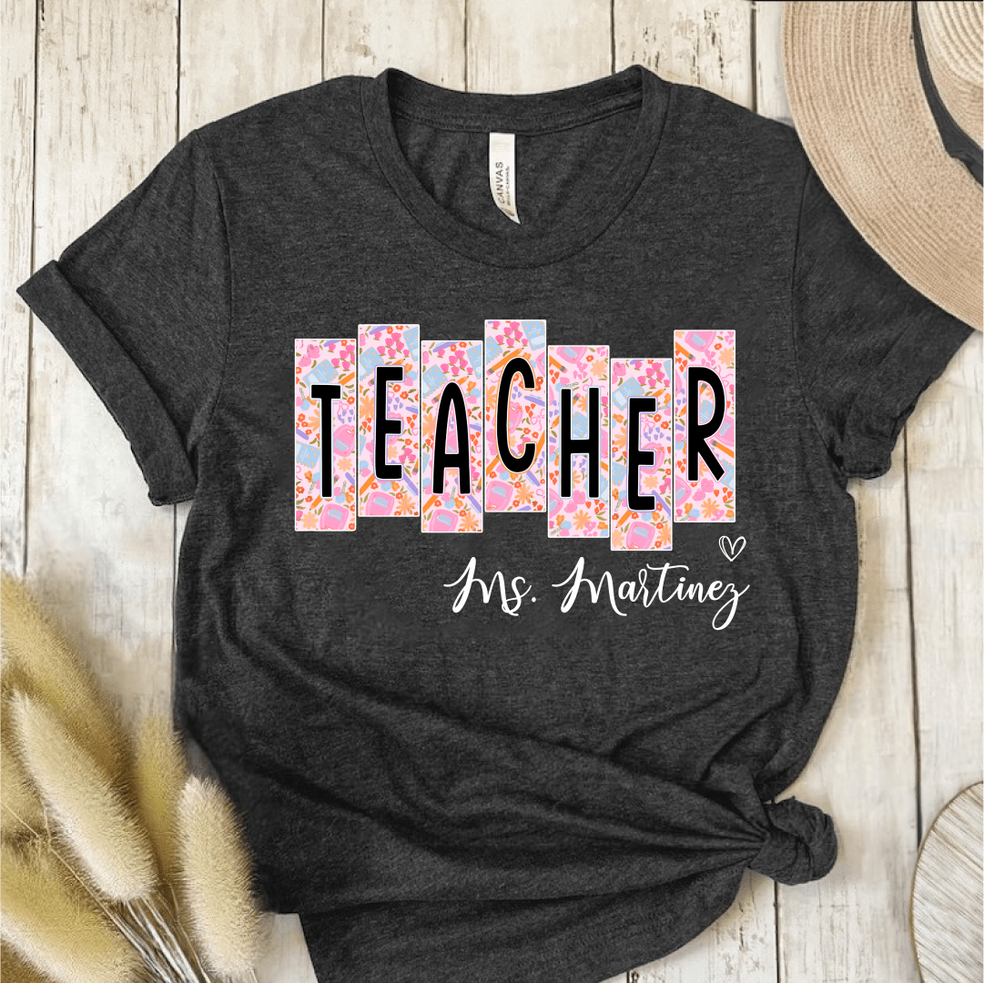 T-Shirt Dark Grey / S Personalized Teacher Name Floral Block Design T-Shirt
