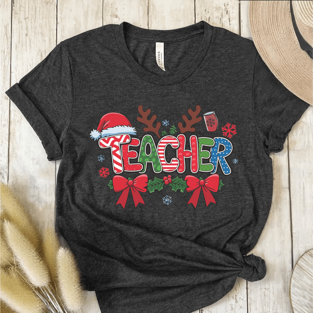 T-Shirt Dark Grey / S Teacher Christmas Pattern Antlers T-Shirt